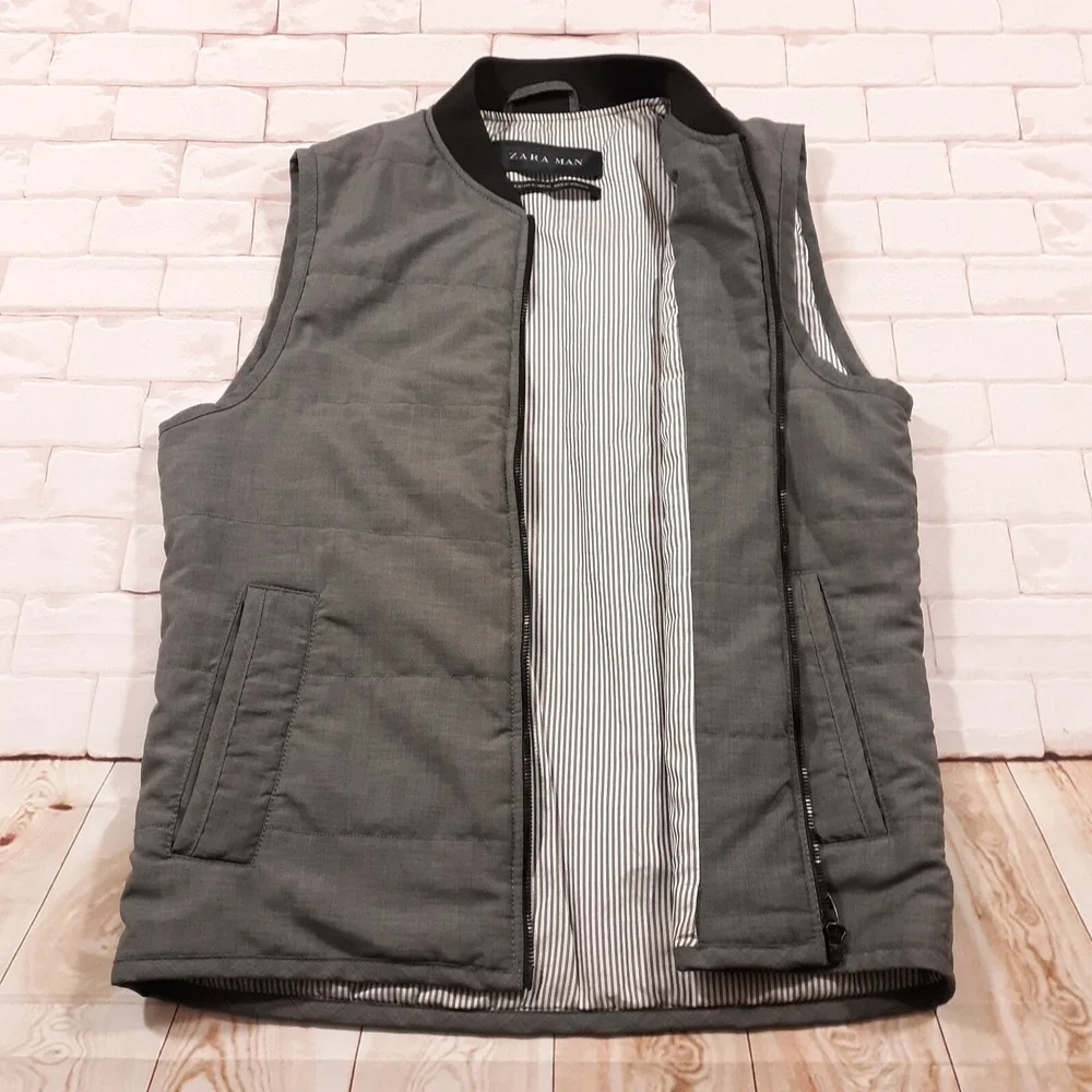 Zara Man Puffer Vest Mens Medium Outdoor Gray Lined Spring Fall Full Zip
